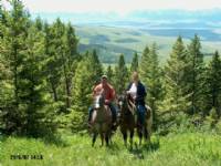 Jake on Mighty Blue N True and Cathy on Bold Horizon trail ride in the Porcupine Hills